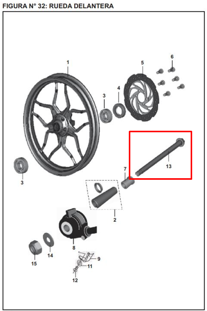 Eje delantero de llanta (15x250) rpulsar 14 ns 200 BAJAJ original