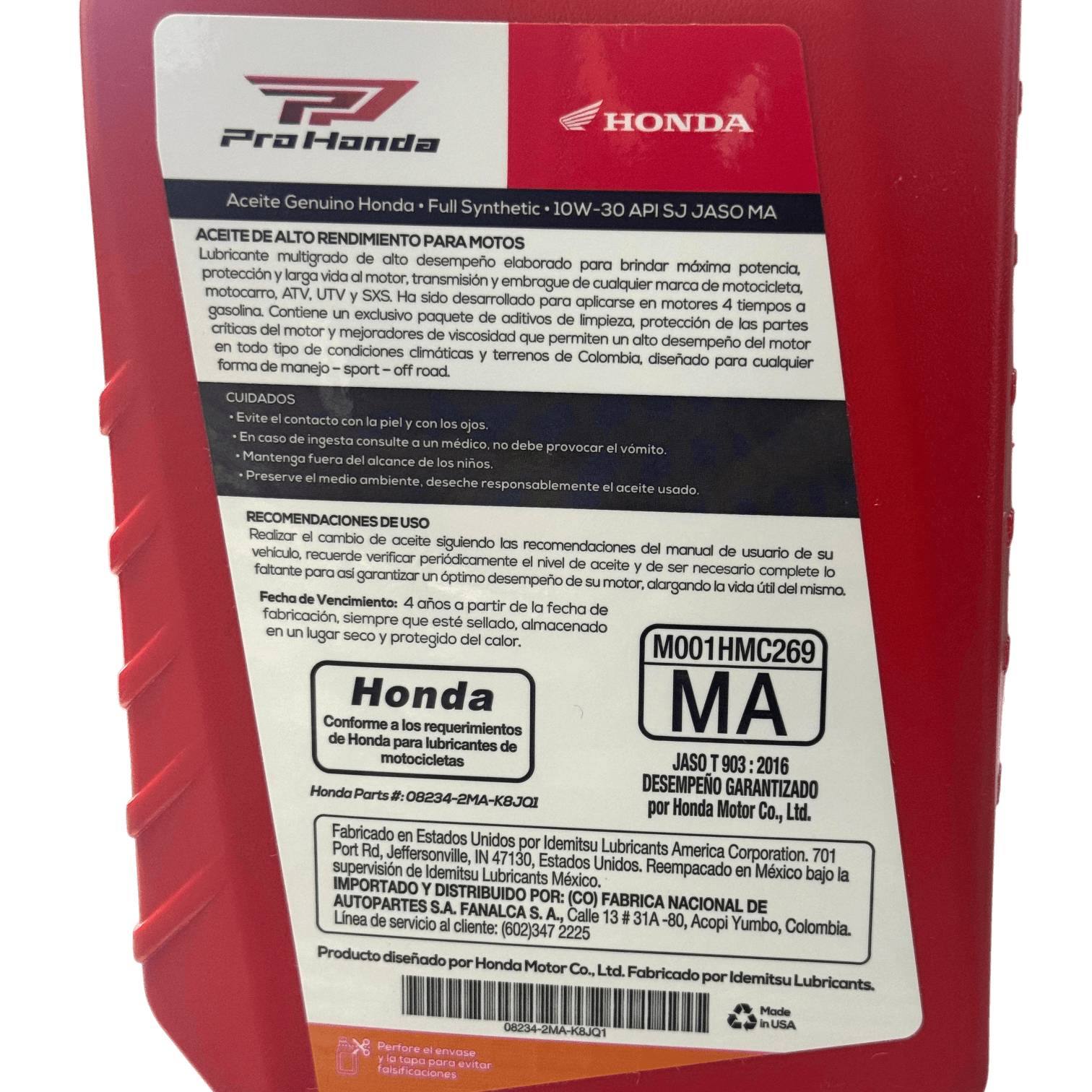 Aceite de motor pro honda 10wsint 30ético tiempos 4