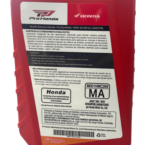 Aceite de motor pro honda 10wsint 30ético tiempos 4