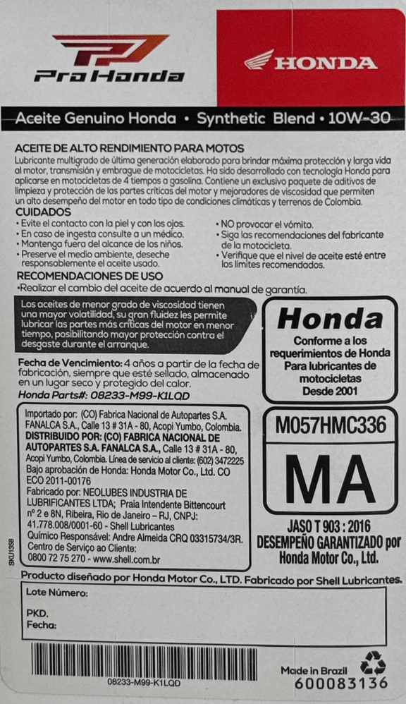 Aceite de motor pro honda 10wsemisintetico 30 tiempos 4